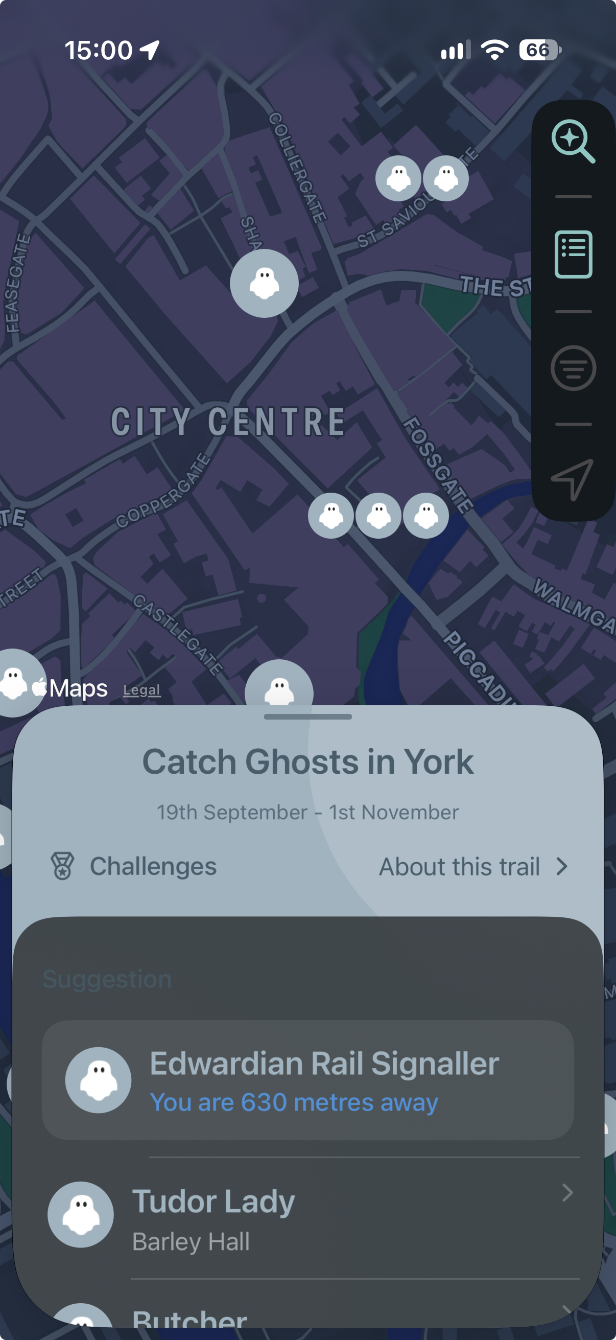Map of York showing ghost waypoints and the Catch Ghosts in York trail